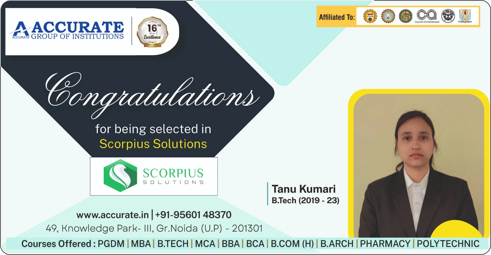 Recent Placement - Tanu Kumari, B.Tech Batch 2019-2023, Selected at Scorpius Solutions